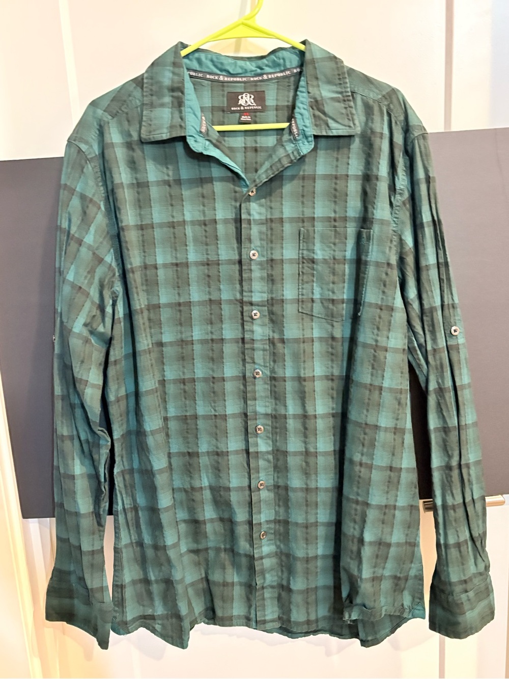 Rock & Republic Teal and Black Plaid Button-Down Shirt